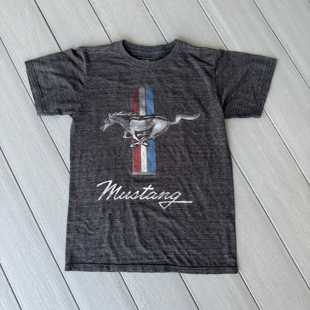 Vintage Ford Mustang Graphic T-Shirt Charcoal Gray Tri-Bar Running Pony Size Sma
